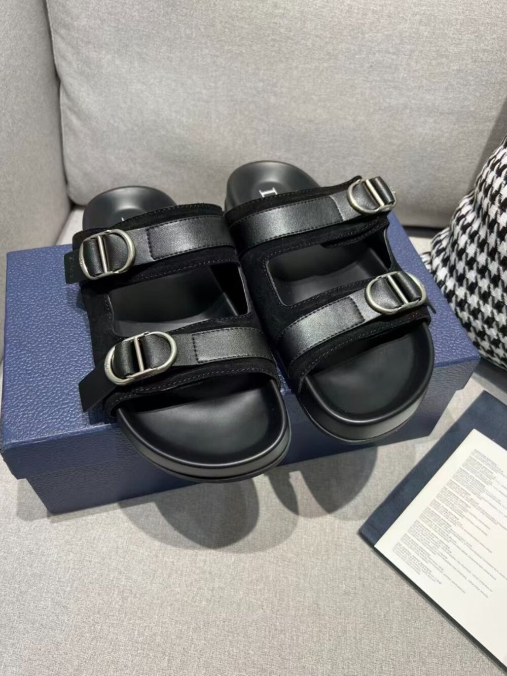 Dior Black Double Buckle Open Toe Slip‑On Slide Sandals